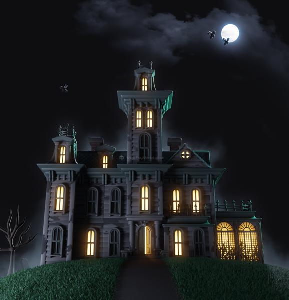 A 3D render of an old wooden house on a hill with green grass at night. The moon is shining and the windows are glowing.